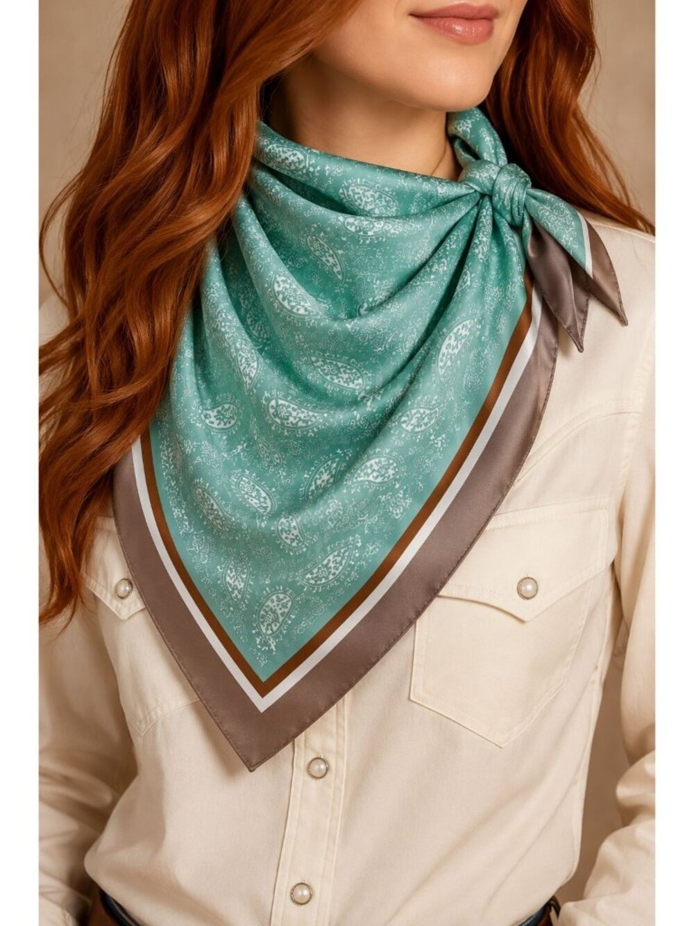 Aqua Teal Paisley Scarf 35x35 Satin Square Wild Rag Head Hair Scarf Western - Picture 3 of 6